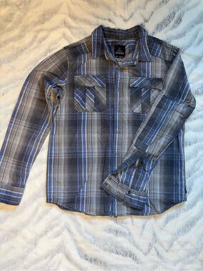 Prana Men's Blue and Gray Plaid Button-Down Shirt